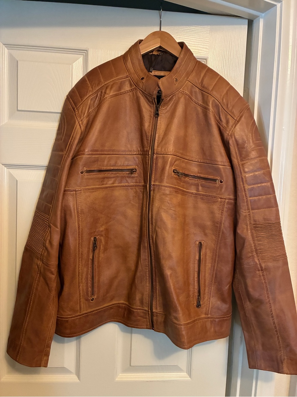 Men's Tan Leather Bomber Jacket with Zip Pockets